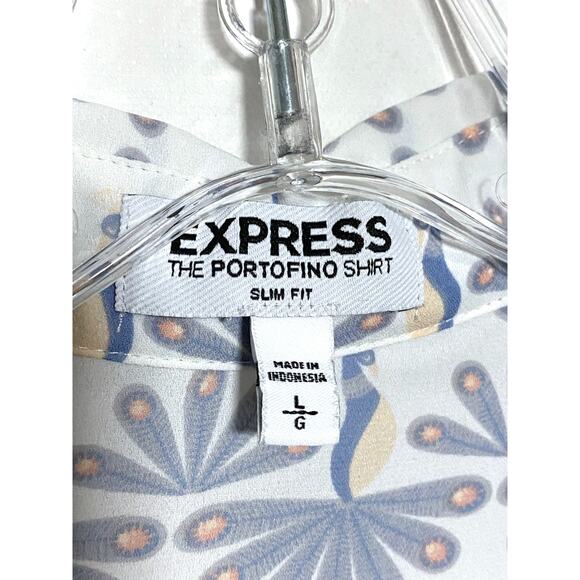 Express Peacock Portofino Slim Fit Button Shirt Womens L Retro Boho Whimsy Birds - Picture 4 of 7